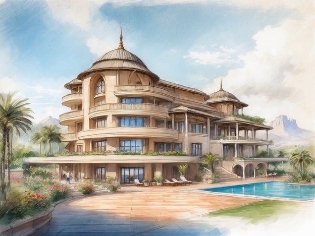 Auf dem Bild ist eine luxuriöse Villa zu sehen, die von einer schönen Landschaft mit Palmen umgeben ist. Die Architektur der Villa wirkt elegant und modern, mit großzügigen Fenstern und mehreren Terrassen.Zu den Einrichtungen gehören:- Eine große Terrasse mit Liegen, ideal zum Entspannen.- Ein Swimmingpool vor der Villa, der zum Schwimmen einlädt.- Gepflegte Gärten mit blühenden Pflanzen, die eine einladende Atmosphäre schaffen.Diese Umgebung könnte perfekte Angebote für Urlaubsaufenthalte oder exklusive Veranstaltungen bieten.