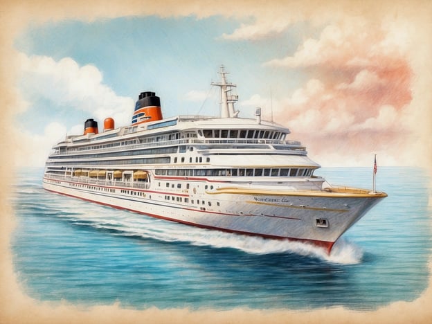 Ein elegantes Kreuzfahrtschiff fährt über ruhige Gewässer. Die Außenansicht zeigt das Schiff mit einer weißen und roten Farbgestaltung sowie markanten orangefarbenen Schornsteinen. Im Hintergrund sind sanfte, bewölkte Himmelsteile zu sehen, die eine friedliche Atmosphäre erzeugen. Die Wasseroberfläche spiegelt die Farben des Himmels wider und verleiht der Szene eine romantische Note. Die gesamte Darstellung vermittelt ein Gefühl von Abenteuer und Erkundung auf den Großen Seen von Nordamerika.