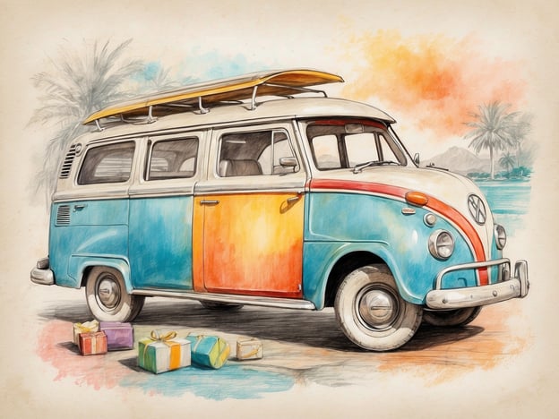 Auf dem Bild ist ein farbenfroher Volkswagen Bulli mit einem Surfbrett auf dem Dach zu sehen. Um den Bus herum liegen mehrere Geschenke, was eine festliche und fröhliche Atmosphäre vermittelt.Kundenerfahrungen zu solchen Fahrzeugen beschreiben oft die nostalgische Anziehungskraft und das einzigartige Fahrgefühl. Die Leute schätzen die Vielseitigkeit der Modelle, die sowohl für Reisen als auch für Freizeitaktivitäten genutzt werden können. viele erinnern sich an ihre eigenen Abenteuer und Road Trips in ähnlichen Fahrzeugen, was sie emotional mit solchen Modellen verbindet. Bewertungen heben häufig die gute Manövrierfähigkeit und die Einzigartigkeit im Design hervor, was das Fahren zu einem besonderen Erlebnis macht.