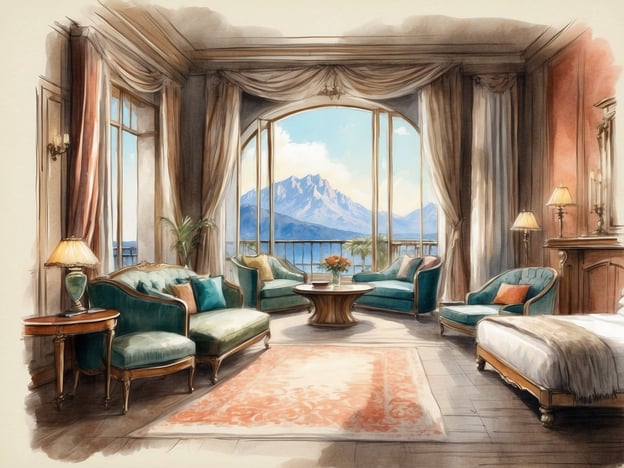 Auf dem Bild ist ein elegantes Wohnzimmer zu sehen, das durch große Fenster eine atemberaubende Aussicht auf Berge und Wasser bietet. Besonders auffällig sind die stilvollen Möbel, darunter zwei geschmackvoll gestaltete Sofas in sanften Grüntönen und ein runder Couchtisch aus Holz.Die Raumgestaltung umfasst zudem eine warme Farbpalette, die durch die hellen Vorhänge und die Teppichgestaltung ergänzt wird. Eine Tischlampe und Wandkerzen sorgen für eine gemütliche Beleuchtung, während Topfpflanzen einen Hauch von Natur in den Raum bringen.Das gesamte Ambiente strahlt einen Hauch von Luxus und Behaglichkeit aus, ideal für entspannende Stunden mit Blick auf die schöne Landschaft.