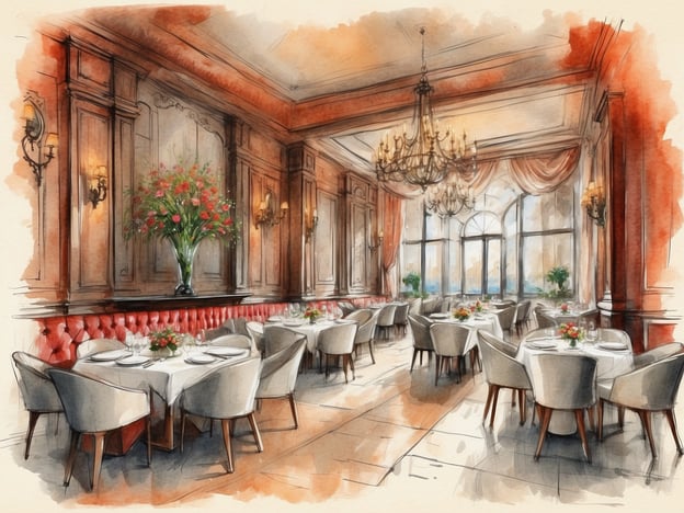 Auf dem Bild ist ein elegantes Restaurant zu sehen, das eine stilvolle und einladende Atmosphäre ausstrahlt. Die Einrichtung besteht aus schicken Tischen mit weißen Tischdecken und stilvollen Stühlen, die den Gästen einen komfortablen Platz bieten. Großzügige Fenster lassen viel Licht herein und bieten möglicherweise einen schönen Ausblick.Die Wände sind geschmackvoll dekoriert, mit Blumenarrangements und einem schönen Kronleuchter, der das Raumambiente zusätzlich aufwertet. Solch ein Kulinarisches Erlebnis könnte feine Gerichte und erlesene Weine bieten, ideal für besondere Anlässe oder romantische Dinner. Der Raum vermittelt ein Gefühl von Luxus, was es zu einem großartigen Ort für Gourmetliebhaber macht.
