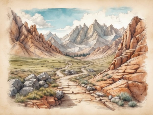 Auf dem Bild ist eine malerische Landschaft mit hohen Bergen und einem geschwungenen Pfad zu sehen, der durch eine weite Prärie führt. Diese Umgebung lädt zu verschiedenen Freizeitaktivitäten ein, wie z. B. Wandern, Radfahren oder einfach nur zum Genießen der Natur.In der Nähe könnte es Sehenswürdigkeiten wie Nationalparks, Aussichtsplattformen oder Seen geben, die zu Ausflügen einladen. Darüber hinaus bieten sich Möglichkeiten für Fotografie, Vogelbeobachtungen oder Picknicks in dieser idyllischen Kulisse an. Die majestätischen Berge könnten auch Gelegenheiten für Klettern oder Skifahren in den Wintermonaten bieten.