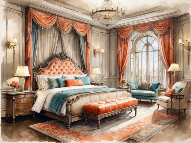 Auf dem Bild ist ein elegantes Schlafzimmer zu sehen, das stilvoll und einladend gestaltet ist. Es bietet Annehmlichkeiten wie ein großes, gepolstertes Bett mit dekorativen Kissen und einer ansprechenden Bettdecke. An den Wänden sind wunderschöne Vorhänge angebracht, die für eine gemütliche Atmosphäre sorgen.Zusätzlich gibt es eine gemütliche Sitzecke mit zwei stilvollen Sessel, die zum Entspannen einladen, und einen kleinen Tisch. Die warmen Farben und das ansprechende Lichtkonzept, einschließlich der Wandleuchten und einer großen Deckenleuchte, schaffen eine komfortable Atmosphäre. Ein schöner Teppich im Raum sorgt für zusätzlichen Komfort und Stil.Insgesamt vermittelt der Raum ein Gefühl von Luxus und Komfort, ideal für einen erholsamen Aufenthalt.