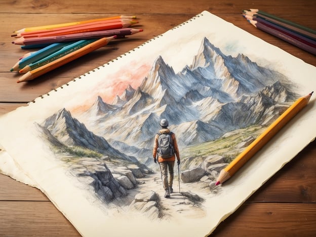 Auf dem Bild ist eine Zeichnung eines Wanderers zu sehen, der auf einem Pfad in eine bergige Landschaft geht. Umgeben von hohen Bergen vermittelt das Bild eine Atmosphäre der Erkundung und Naturverbundenheit.In der Nähe könnten Freizeitaktivitäten wie Wandern, Bergsteigen oder Radfahren durchgeführt werden. Solche Aktivitäten bieten die Möglichkeit, die Natur zu genießen und sich aktiv an der frischen Luft zu bewegen. Zudem könnten Mal- oder Zeichenkurse im Freien durchgeführt werden, um die inspirierende Landschaft künstlerisch festzuhalten.