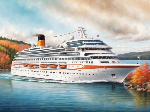Ein elegantes Kreuzfahrtschiff fährt auf ruhigem Wasser, umgeben von einer malerischen Landschaft mit farbenfrohem Indian Summer. Bunte Herbstblätter in kräftigen Rot-, Orange- und Gelbtönen bedecken die Bäume am Ufer. Der Himmel ist klar mit sanften Wolkenformationen, während das Schiff in Weiß mit orangefarbenen Akzenten und einem markanten Schornstein majestätisch die Szene dominiert. Im Hintergrund sind hügelige Wälder zu sehen, die die natürliche Schönheit der Region unterstreichen.