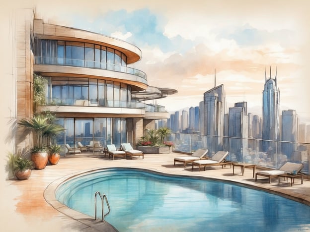 Auf dem Bild ist ein stilvoller Poolbereich zu sehen, der sich auf einer Terrasse mit Blick auf eine moderne Stadtsilhouette befindet. Die Atmosphäre wirkt einladend und luxuriös, ideal für entspannende Momente.Die einzigartigen Erlebnisse im Kingsgate Hotel Al Jaddaf könnten in einem solchen Ambiente vielfältig sein. Gäste könnten entspannende Stunden am Pool verbringen, bei einem Drink die Aussicht genießen und sich von hervorragendem Service verwöhnen lassen. Zudem könnten sie das hoteleigene Spa besuchen oder in einem der exquisiten Restaurants kulinarische Köstlichkeiten probieren. Solche Erlebnisse machen den Aufenthalt unvergesslich und bieten eine perfekte Mischung aus Erholung und Genuss.