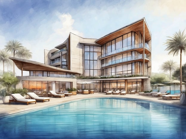 Auf dem Bild ist eine stilisierte Darstellung eines modernen Hotels zu sehen, das wahrscheinlich eine Poollandschaft und luxuriöse Liegen bietet. Es hat große Fenster und eine ansprechende Architektur mit Holz- und Glaselementen.Das Kingsgate Hotel Doha bietet seinen Gästen Komfort und Eleganz. Es ist bekannt für seine modernen Annehmlichkeiten, geräumige Zimmer und ein vielseitiges gastronomisches Angebot. Mit einer zentralen Lage ist es ideal für Geschäftsreisende und Urlauber, die die Sehenswürdigkeiten von Doha erkunden möchten. Entspannen können die Gäste im Poolbereich oder in den gepflegten Gärten des Hotels.