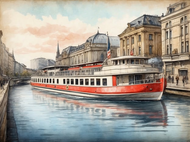 Ein rotes Passagierschiff liegt auf einem ruhigen Wasserweg in einer Stadt. Im Hintergrund sind beeindruckende historische Gebäude mit eleganten Fassaden und einem charakteristischen Turm zu sehen. Die Wasseroberfläche spiegelt die Architektur und den Himmel wider, der in sanften Pastelltönen gefärbt ist. Die Uferpromenade ist von Spaziergängern belebt, die die Aussicht genießen. Dies vermittelt den Charme der Spree Kreuzfahrten auf Berlins historischen Wasserstraßen.