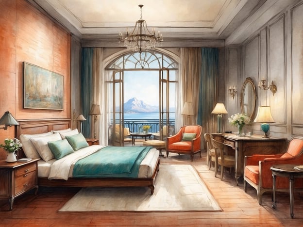 Auf dem Bild ist ein elegantes Hotelzimmer zu sehen. Es gibt ein großes Bett mit Kissen in sanften Farben, eine schöne Aussicht durch Fenster mit Balkon, von wo man Berglandschaften sieht. Die Möbel sind stilvoll und harmonisch in warmen Farbtönen gestaltet, darunter ein Schreibtisch, Stühle und eine kleine Sitzecke. Blumenarrangements und Lampen tragen zur gemütlichen Atmosphäre bei.Zimmeroptionen im Kingsgate Hotel könnten unter anderem folgende sein:1. **Deluxe Zimmer**: Mit modernem Komfort und schönes Ambiente, oft mit Blick auf die Stadt oder Natur.2. **Executive Zimmer**: Geräumiger mit erweiterten Annehmlichkeiten und oft Zugang zu einer Lounge.3. **Familienzimmer**: Ideal für mehrere Gäste, mit zusätzlichem Platz und möglicherweise weiteren Schlafmöglichkeiten.4. **Suites**: Luxuriöse Optionen mit separatem Wohnbereich und besonderen Extras.Diese Optionen bieten verschiedene Annehmlichkeiten, je nach den Bedürfnissen der Gäste.