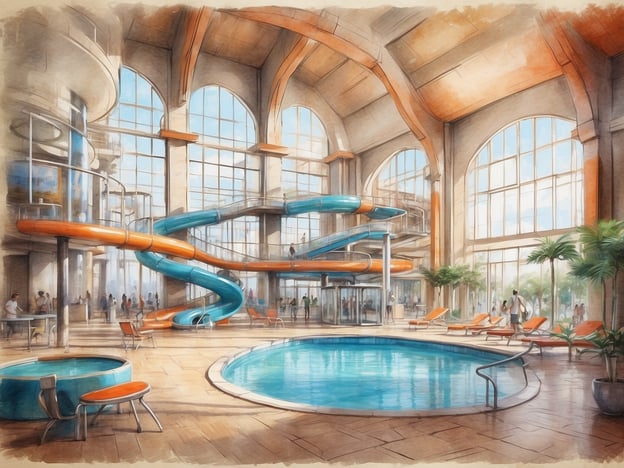Auf dem Bild ist eine Freizeiteinrichtung zu sehen, die ein großes Hallenbad mit einem Wasserrutschenbereich umfasst. Im Vordergrund befindet sich ein runder Pool, umgeben von Liegen. Im Hintergrund führen farbige Wasserrutschen ins Wasser, und viele Menschen nutzen die Einrichtungen. Es gibt auch einen Whirlpool und einige tropische Pflanzen, die eine entspannende Atmosphäre schaffen. Alles deutet darauf hin, dass dies ein beliebter Ort für Freizeitaktivitäten und Erholung ist.