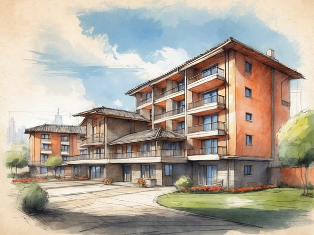 Auf dem Bild ist eine künstlerische Skizze eines mehrstöckigen Gebäudes zu sehen, das ein modernes Design aufweist. Es könnte sich um ein Hotel handeln, das mit Balustraden, großen Fenstern und einer ansprechenden Landschaftsgestaltung typisch für solche Einrichtungen aussieht.**Überblick über das Kingsgate Hotel Dunedin:**Das Kingsgate Hotel in Dunedin, Neuseeland, ist ein komfortables Hotel, das Gästen eine angenehme Unterkunft bietet. Es liegt in günstiger Lage, nahe dem Stadtzentrum, und bietet eine Vielzahl von Dienstleistungen und Annehmlichkeiten, darunter komfortable Zimmer, ein Restaurant und Veranstaltungsräume. Das Hotel ist ideal für Reisende, die die Sehenswürdigkeiten Dunedins erkunden möchten, und bietet sowohl Geschäftsreisenden als auch Touristen eine günstige und einladende Atmosphäre.