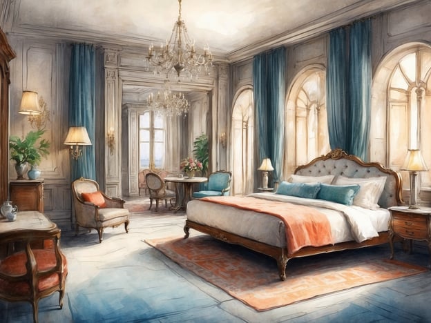 Auf dem Bild ist ein elegantes Schlafzimmer zu sehen. Es ist großzügig gestaltet mit hohen Decken und großen Fenstern, die für viel Licht sorgen. Die Wände sind hell und aufwendig dekoriert, während der Boden mit einem schönen Teppich ausgelegt ist.Im Raum befinden sich ein großes, luxuriöses Bett mit einer ornamentierten Kopfteil, das mit weichen Kissen und einer Decke ausgestattet ist. Daneben stehen zwei Nachttische mit Lampen. Es gibt auch einen bequemen Sessel mit einer farblich abgestimmten Kissen, sowie einen kleinen Tisch mit Stühlen, die eine gemütliche Sitzecke bilden. Pflanzen und Blumen ergänzen die Ausstattung und verleihen dem Raum eine frische, einladende Atmosphäre.