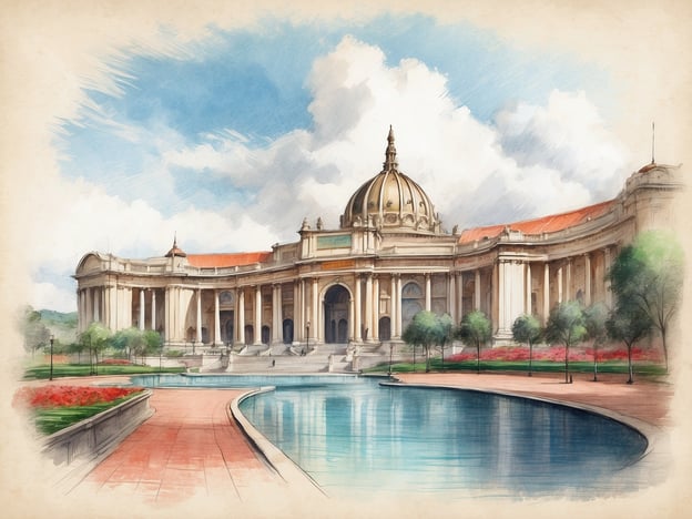 Auf dem Bild ist ein beeindruckendes Gebäude mit einer großen Kuppel und Säulenfassade zu sehen, umgeben von einer gepflegten Parklandschaft mit Wegen und einem Teich. Die Umgebung ist grün und einladend, mit Blumenrabatten, die dem Ort einen schönen Anblick verleihen.Diese Architektur deutet auf eine zentrale Lage hin, möglicherweise in einem historischen oder kulturellen Viertel einer Stadt. Der Teich und die Spazierwege laden dazu ein, die Umgebung zu erkunden und die Architektur zu genießen. Solch ein Ort könnte ein ideales Hotel in der Nähe haben, das Besuchern einen einfachen Zugang zu dieser eindrucksvollen Attraktion bietet.