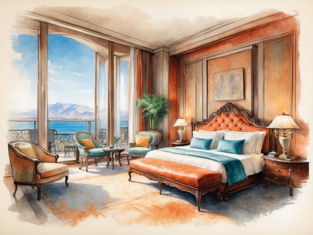 Auf dem Bild ist ein luxuriöses Hotelzimmer zu sehen. Die Annehmlichkeiten des Hotels umfassen:- Ein großes, bequemes Bett mit eleganter Bettwäsche.- Stilvolle Sessel und einen kleinen Tisch, die zum Entspannen einladen.- Große Fenster, die eine atemberaubende Aussicht auf das Wasser und die Berge bieten.- Eine geschmackvolle dekorative Gestaltung mit warmen Farben und feinen Accessoires.- Persönliche Beleuchtung durch Tischlampen, die eine gemütliche Atmosphäre schaffen.Insgesamt vermittelt der Raum ein Gefühl von Eleganz und Komfort.