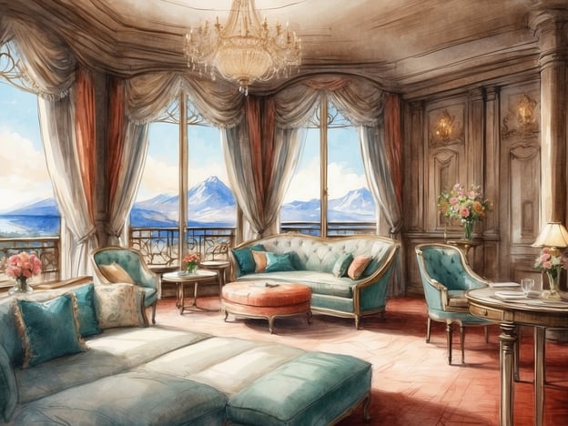 Auf dem Bild ist eine elegante Inneneinrichtung eines Raumes zu sehen, der mit luxuriösen Möbeln und einer beeindruckenden Aussicht auf Berge und eine Landschaft von großen Fenstern dominiert wird. Der Raum wirkt hell und einladend, mit stilvollen Sofas, einem Tisch und zahlreichen dekorativen Elementen wie Blumen und einem Kronleuchter.Der Ausblick und die Ausstattung könnten Ähnlichkeiten mit den Annehmlichkeiten im M Hotel Al Dana Makkah aufweisen, das für seine luxuriösen Unterkünfte und atemberaubenden Ausblicke auf die heilige Stadt Mekka bekannt ist. Das Hotel bietet Gästen ein elegantes Ambiente und erstklassige Dienstleistungen, was es zu einem beliebten Ziel für Reisende macht.