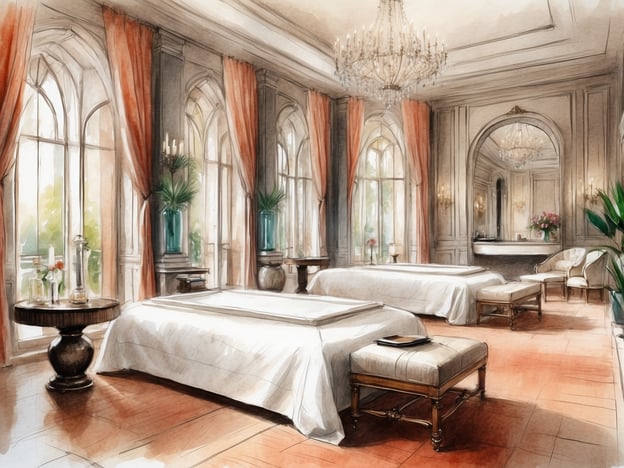 Auf dem Bild ist ein elegantes Spa oder Wellnessbereich zu sehen, der durch große Fenster mit natürlichem Licht erhellt wird. Die Einrichtung ist luxuriös mit klassischen Elementen, darunter schwere Vorhänge, Kristalllüster und stilvolle Möbel.Einzigartige Annehmlichkeiten und Services könnten in diesem Raum eine Vielzahl von Spa-Behandlungen wie Massagen, Gesichtsbehandlungen oder Aromatherapie umfassen. Die ruhige Atmosphäre wird durch die ansprechende Dekoration und die Pflanzen, die für eine entspannende Umgebung sorgen, verstärkt. Zusätzliche Services könnten Getränke wie Kräutertees oder Snacks anbieten, um den Aufenthalt den Gästen zu versüßen.