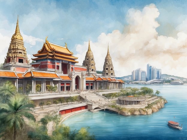 Das Bild zeigt eine majestätische Architektur im asiatischen Stil, mit prächtigen Tempeln und goldenen Dächern, die von türkisfarbenem Wasser umgeben sind. Im Hintergrund sind moderne Wolkenkratzer zu sehen, die einen Kontrast zur traditionellen Bauweise bilden. Die Landschaft ist mit grünen Palmen und Sträuchern geschmückt, während Bootsanleger am Wasser entlangführen. Der Himmel ist klar mit einigen Wolken, was eine einladende Atmosphäre schafft für Kreuzfahrten und Erkundungen der kulturellen Schätze in Südostasien.