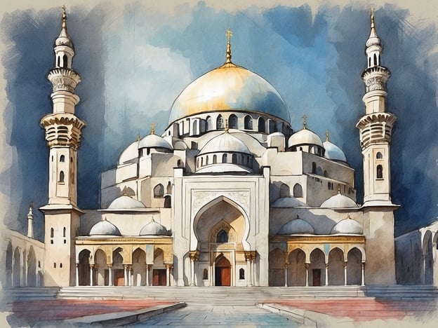 Auf dem Bild ist eine beeindruckende islamische Architektur zu sehen, die an eine Moschee erinnert. Die prächtigen Kuppeln und Minarette sind charakteristisch für moslemische Baukunst und symbolisieren die Ehre und Anbetung Allahs. Diese Art von Architektur wird häufig in Städten gefunden, die eine bedeutende religiöse Rolle spielen, wie zum Beispiel in Mekka oder Medina, die in der Nähe der Heiligen Moschee liegen.Die Kuppeln stellen oft den Himmel dar, während die Minarette dazu dienen, den Gebetsruf (Adhan) anzukündigen. In der Nähe der Heiligen Moschee ist dies besonders relevant, da diese Moschee das zentrale Heiligtum des Islams ist und Muslime aus aller Welt anzieht. Die Darstellung im Bild könnte die Sehnsucht und den Respekt für solche heiligen Stätten widerspiegeln, die eine tiefere spirituelle Verbindung für die Gläubigen herstellt.