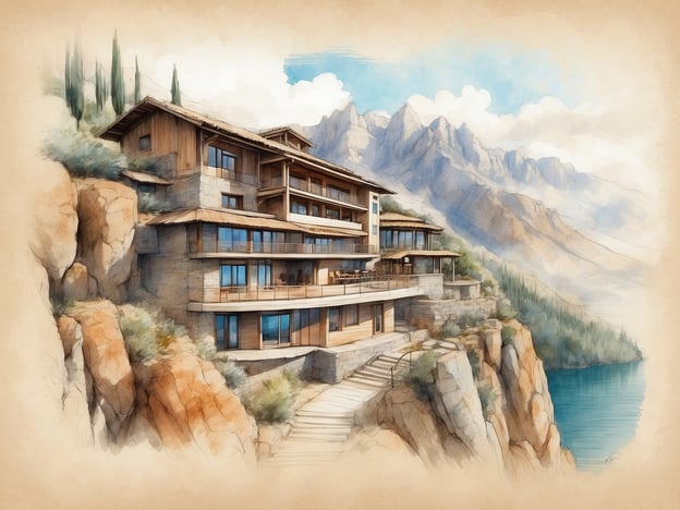 Auf dem Bild ist ein stilisiertes Hotel zu sehen, das an einer Klippe gebaut ist, mit großen Fenstern und Terrassen, die einen Blick auf das Wasser bieten. Die Architektur kombiniert moderne Elemente mit natürlichen Materialien, was eine harmonische Verbindung zur umgebenden Landschaft schafft.Das M Hotel Makkah ist ein modernes Luxushotel, das in der Nähe der heiligen Stätte von Mekka liegt. Es bietet komfortable Unterkünfte, exquisite Gastronomie und erstklassige Dienstleistungen, die es zu einem beliebten Ziel für Pilger und Reisende machen. Die Lage des Hotels ermöglicht einen einfachen Zugang zur Kaaba, was es zu einem idealen Aufenthaltsort für Muslime während ihrer Pilgerreise macht.