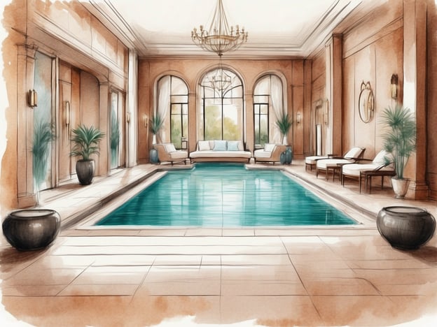Auf dem Bild ist ein eleganter Innenraum mit einem Schwimmbecken zu sehen. Das Design strahlt Ruhe und Luxus aus, mit großen Fenstern, die natürliches Licht hereinlassen.**Einzigartige Annehmlichkeiten und Services:**- **Entspannungsbereich:** Stilvolle Liegen und bequeme Sofas laden zum Entspannen ein.- **Grüne Elemente:** Eine sorgfältige Anordnung von Pflanzen schafft eine beruhigende Atmosphäre.- **Lichtgestaltung:** Ein prächtiger Kronleuchter fügt einen Hauch von Eleganz hinzu.- **Service:** Der Bereich könnte zusätzliche Dienstleistungen wie Massagen oder Wellnessanwendungen anbieten.Alles zusammen vermittelt einen Eindruck von hochwertiger Entspannung und Wohlbefinden.
