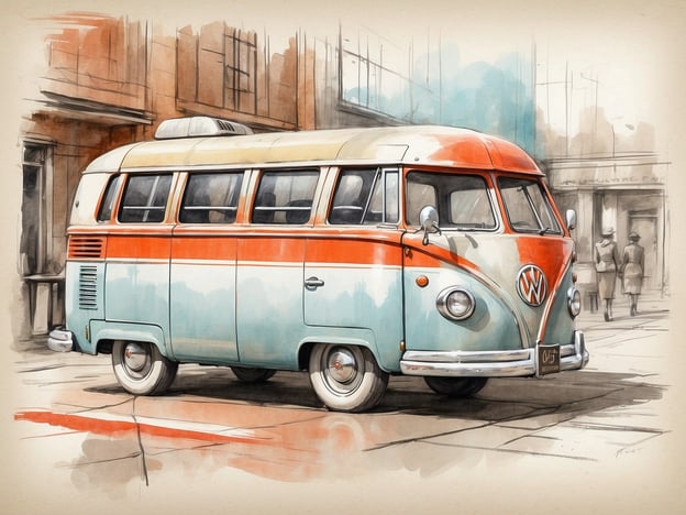 Auf dem Bild ist ein klassischer Volkswagen-Bus zu sehen, der in einem künstlerischen Stil dargestellt ist. Der Bus ist in sanften Farben gehalten, insbesondere in Türkis und Orange, und scheint in einer städtischen Umgebung, möglicherweise in Auckland, geparkt zu sein. Im Hintergrund sind ein paar Menschen zu erkennen, die auf der Straße gehen.Das M Social Auckland ist ein modernes Hotel in Auckland, Neuseeland, das für seinen stilvollen und einladenden Charakter bekannt ist. Es bietet eine Mischung aus komfortablen Unterkünften, trendigen Restaurants und einem kreativen Ambiente, das oft als Ausgangspunkt für Erkundungen der Stadt genutzt wird.