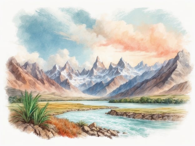Eine malerische Landschaft zeigt majestätische Berge mit schneebedeckten Gipfeln, die sich majestätisch gegen einen strahlend blauen Himmel mit einigen Wolken abheben. Im Vordergrund fließt ein klarer Fluss durch eine fruchtbare, grüne Ebene, umgeben von buntem Gras und Pflanzen. Die Szenerie ist idealisiert und vermittelt den Eindruck von unberührter Natur, perfekt für eine Kreuzfahrt durch die vielfältigen Landschaften Südamerikas zwischen Anden, Pampa und Amazonas.
