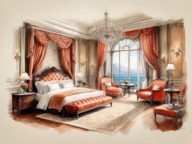Auf dem Bild ist ein luxuriös gestaltetes Schlafzimmer zu sehen. Die stilvollen Merkmale umfassen:- **Elegantes Bett**: Das Bett hat eine aufwendige, gepolsterte Kopfteil aus Leder und ist von eleganten Kissen umgeben, die Komfort und Stil vereinen.- **Dekorative Vorhänge**: Die schweren, orangefarbenen Vorhänge umrahmen ein großes Fenster, das einen atemberaubenden Blick auf die Berge und das Wasser bietet.- **Exklusive Möbel**: Die Möbel sind in einem klassischen Stil gehalten, mit einem Prunkbettfuß und geschmackvollen Nachttischen, die zusätzliche Eleganz verleihen.- **Kunstvolle Beleuchtung**: Ein Kronleuchter hängt an der Decke, während stilvolle Tischlampen für eine sanfte und einladende Beleuchtung sorgen.- **Einladende Sitzgelegenheiten**: Zwei gemusterte Sessel bieten einen gemütlichen Platz zum Entspannen.- **Feine Details**: Ein kleiner Tisch mit frischen Blumen und eine dekorative Teppichunterlage runden das opulente Ambiente ab.Insgesamt vermittelt der Raum eine Atmosphäre von Raffinesse und Komfort.