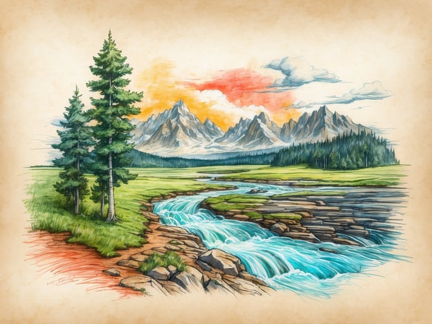 Auf dem Bild ist eine malerische Landschaft zu sehen, die durch hohe Berge im Hintergrund, einen klaren Fluss und üppige Vegetation gekennzeichnet ist. Im Vordergrund stehen grüne Bäume und der Fluss fließt über Steine, während die Flussbank in sanften Erdtönen gestaltet ist. Der Himmel zeigt warme Farben, die auf einen Sonnenuntergang hindeuten.In Anlehnung an die Hallig Norderoog spiegelt dieses Bild die ruhige und friedliche Natur wider, die typisch für die norddeutsche Küstenlandschaft ist. Die Kombination aus Wasser, Pflanzen und Bergen schafft eine harmonische Atmosphäre, die die Schönheit der Natur feiert.