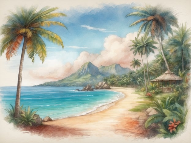 Ein wunderschöner Strand mit feinem, goldenem Sand und sanften Wellen, die an die Küste schlagen. Palmen neigen sich sanft zur Seite, während im Hintergrund majestätische Berge die Szene dominieren. Der Himmel ist klar und blau mit wenigen Wolken, was die tropische Atmosphäre verstärkt. Am Strand steht eine kleine Hütte aus Holz, eingebettet in üppiges Grün, das mit farbenfrohen Blumen geschmückt ist. Diese idyllische Landschaft lädt ein, paradiesische Inselwelten der Südsee zu entdecken.