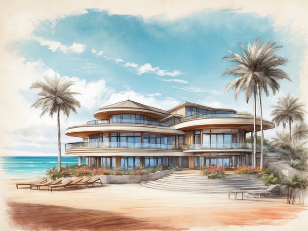 Auf dem Bild ist ein stilvolles modernes Gebäude zu sehen, das an einem Strand liegt. Es hat große Fensterfronten und eine runde Architektur, umgeben von Palmen und Tropenpflanzen. Im Vordergrund sieht man Liegen, die zum Entspannen einladen, und in der Ferne erstreckt sich das Meer.Im Zusammenhang mit dem M Social Phuket könnte man annehmen, dass es sich um ein beeindruckendes Strandhotel oder eine Resortanlage handelt, die für ihre architektonische Gestaltung und ihre Lage am Wassers ideal für Urlauber ist. Solche Einrichtungen bieten oft Luxusunterkünfte, gastronomische Erlebnisse und Annehmlichkeiten, die ein ideales Urlaubsambiente schaffen.