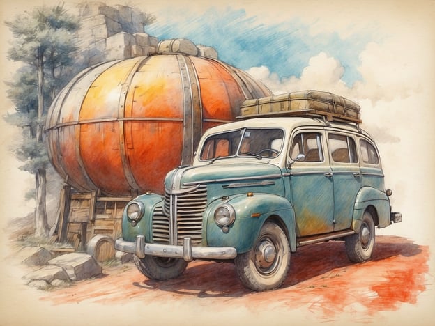 Auf dem Bild ist ein nostalgisches Auto zu sehen, das auf einem verträumten, ländlichen Weg steht. Neben dem Auto befindet sich eine große, orangefarbene Kuppel, die wie ein ungewöhnlicher Schatz aussieht. Die Umgebung wirkt ruhig und lädt zur Entspannung ein.Diese Szenerie könnte als perfekter Ausgangspunkt für ein entspanntes Wochenende in der Natur dienen, vielleicht mit Picknick, Ausflügen oder einfach nur zum Entspannen und die Landschaft zu genießen. Aktivitäten wie Wandern oder Fotografieren könnten hier ebenfalls ansprechend sein.