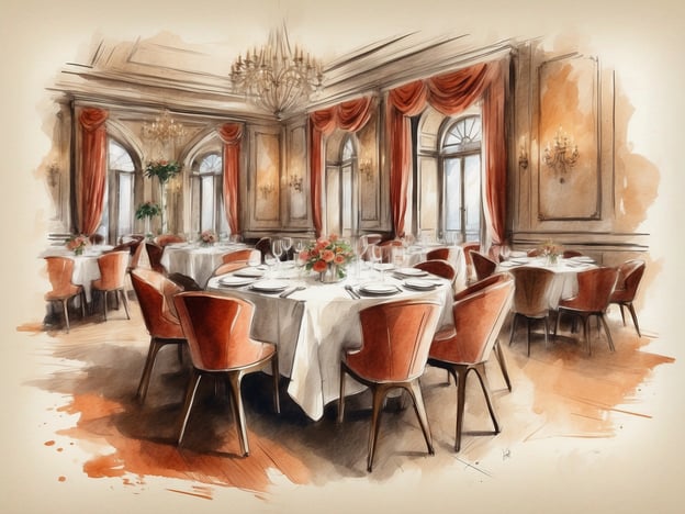 Auf dem Bild ist ein elegantes Restaurant in einem Hotel zu sehen. Der Raum ist geschmackvoll eingerichtet mit runden Tischen, die mit weißen Tischdecken und feinem Geschirr gedeckt sind. Die Stühle sind in einem warmen Farbton gehalten, und kleine Blumenarrangements verleihen dem Ambiente eine angenehme Note.Die großen Fenster und die geschmackvollen Vorhänge sorgen für viel Tageslicht und eine einladende Atmosphäre. Solch ein gastronomisches Erlebnis im Hotel bietet den Gästen nicht nur einen Blick auf exquisite Speisen, sondern auch auf ein stilvolles Ambiente, das zu besonderen Anlässen oder einem romantischen Abendessen einlädt. Die Kombination aus raffinierter Dekoration, hochwertigen Speisen und aufmerksamem Service schafft unvergessliche Momente für die Gäste.