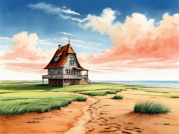 Auf dem Bild ist ein malerisches Haus zu sehen, das in einer von Wiesen und Sandstrand umgebenen Küstenlandschaft steht. Es könnte eine Anspielung auf die Halligen sein, kleine, oft nur von Geestinseln umgebene, einzigartige Landstriche an der Nordseeküste.Die Halligen sind für ihre spezifische Bauweise bekannt, die sich an die besonderen klimatischen Bedingungen anpasst. Die Häuser sind oft auf Pfählen erbaut, um sie vor Sturmfluten und Überflutungen zu schützen. Die Landschaft ist geprägt von weiten Wiesen, Salzgras und häufig Nordseewind. Der Himmel ist klar mit einigen Wolken und pastellfarbenen Tönen, was auf eine friedliche, landschaftliche Idylle hinweist.