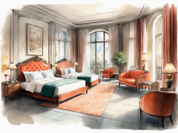 Auf dem Bild ist ein elegantes Zimmer zu sehen, das eine angenehme Atmosphäre vermittelt. Der Raum verfügt über zwei große Betten mit gepolsterten Kopfenden in orange. Neben den Betten stehen Nachttische mit Lampen und es gibt eine große Fensterfront, die viel Licht hereinlässt.Die Ausstattung umfasst auch einen Teppich in einer warmen Farbe und ein paar gemütliche Sessel sowie ein Sofa in einem ähnlichen Farbton. Zudem ist im Raum eine Pflanze zu sehen, die für einen frischen Akzent sorgt. Die Wände sind hell und geschmackvoll dekoriert, was den Raum besonders einladend macht.