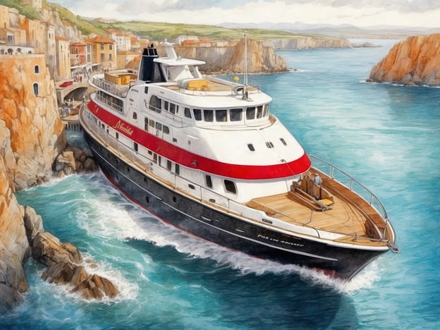 Eine elegante Kreuzyacht liegt in einer malerischen Bucht, umgeben von steilen Klippen und charmanten, historischen Gebäuden. Die sanften Wellen des Atlantiks umspielen das Schiff, während sich der Himmel über der Küstenlandschaft in sanften Farben entfaltet. An Bord bereitet ein Crewmitglied den Außenbereich vor, was die entspannte Atmosphäre der Westeuropa-Kreuzfahrten unterstreicht. Die Szenerie vermittelt ein Gefühl von kultureller Vielfalt und maritime Schönheit.