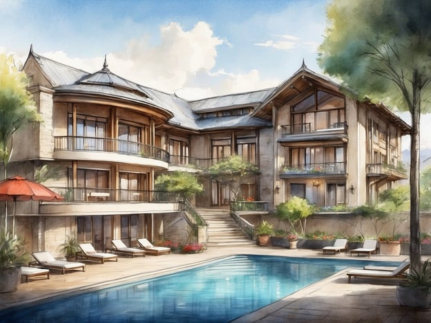 Auf dem Bild ist eine malerische Architektur zu sehen, die ein modernes Mehrfamilienhaus oder eine Villa zeigt, umgeben von Grünflächen und einem Pool. Es ist eine Art Urlaubsambiente mit Liegen und einer Sonnenschirm.Das Millennium Airport Hotel Dubai hat jedoch einen anderen Stil und eine andere Funktion, da es ein Hotel ist und in einer urbanen Umgebung liegt, während das Bild mehr an ein privates Rückzugsort erinnert.