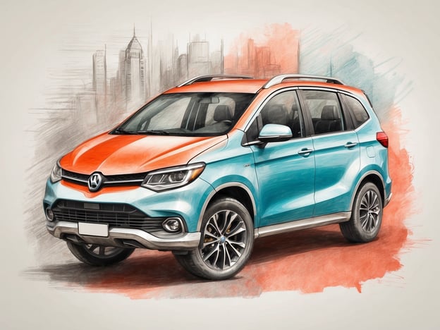 Auf dem Bild ist ein Auto zu sehen, das mit einer künstlerischen Skizze dargestellt ist. Es hat eine auffällige Farbgebung in Orange und Türkis, die ihm ein modernes und ansprechendes Aussehen verleiht. Das Fahrzeug scheint sportlich gestaltet zu sein und könnte speziell für urbanen Gebrauch konzipiert sein.Einzigartige Angebote und Einrichtungen könnten beispielsweise die speziellen Designs und Farboptionen des Fahrzeugs sein, die Individualität und Stil betonen. Zusätzliche Merkmale könnten modernste Technologie an Bord, großzügiger Stauraum und komfortable Innenausstattung umfassen, was das Fahren sowohl komfortabel als auch praktisch macht.