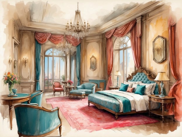 Auf dem Bild ist ein elegantes Hotelzimmer im stilvollen Design zu sehen. Es verfügt über eine große, aufwendig gestaltete Bettenlandschaft mit blauen und weißen Bettbezügen sowie dekorative Kissen. Der Raum ist mit opulenten Vorhängen, einem großzügigen Kronleuchter und geschmackvollem Mobiliar ausgestattet, das zum Entspannen einlädt. Eine beeindruckende Aussicht durch große Fenster vervollständigt das Ambiente.Das Millennium Al Rawdah Hotel ist bekannt für seinen luxuriösen Stil und hochwertigen Komfort. Es bietet eine Vielzahl von Annehmlichkeiten, darunter elegante Zimmer, spezialisierte Restaurants und gut ausgestattete Besprechungsräume. Die Lage des Hotels ermöglicht Gästen den Zugang zu zahlreichen Attraktionen und Geschäftszentren in der Umgebung.