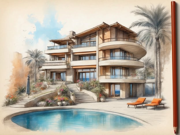 Auf dem Bild ist ein luxuriöses modernes Gebäude zu sehen, das eine elegante Architektur mit Balkonen und großen Fenstern aufweist. Es ist umgeben von einem schönen Garten mit Palmen und bunten Blumen sowie einem Pool, der das Gesamtbild vervollständigt.In Anlehnung an die Geschichte von Millennium and Copthorne Hotels könnte man sagen, dass solche Architektur und Gästekomfort zentrale Elemente in der Philosophie dieser Hotelgruppe sind. Millennium und Copthorne sind bekannt für ihre erstklassigen Hotels, die oft in malerischen Lagen entworfen wurden, um ein entspannendes und ansprechendes Ambiente zu schaffen. Die Kombination aus Luxus und einladendem Design spiegelt die Werte wider, die diese Hotelmarken weltweit repräsentieren.