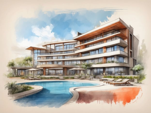 Auf dem Bild ist ein modernes Hotelgebäude zu sehen, das an einem Pool liegt. Die Architektur zeichnet sich durch große Fenster und klare Linien aus, was auf ein elegantes und zeitgemäßes Design hinweist. Die Einrichtung im Außenbereich umfasst Liegen und Sonnenschirme, die Gästen eine entspannende Atmosphäre bieten.Die Lage des Hotels scheint in einem tropischen oder subtropischen Umfeld zu sein, da palmengesäumte Landschaften und Grünflächen deutlich zu erkennen sind. Das Hotel bietet wahrscheinlich einen direkten Zugang zu Freiluftaktivitäten und Entspannungsmöglichkeiten am Wasser, was es zu einem idealen Ort für Urlauber macht, die Erholung und Luxus suchen.