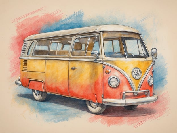 Auf dem Bild ist ein farbenfroher VW Bus zu sehen, der in einer künstlerischen Zeichnung dargestellt ist. Diese Art von Fahrzeug wird oft mit Reisen und Freiheit assoziiert, was bei Kunden große Begeisterung auslösen kann.Wenn Kunden diesen VW Bus mieten oder kaufen, heben sie häufig die nostalgische Anziehungskraft und den Charme hervor, die mit dem Fahrzeug verbunden sind. Die Gästebewertungen betonen oft das Gefühl von Abenteuer und die Erinnerungen, die sie während ihrer Reisen mit diesem Bus sammeln konnten.Zusammengefasst ist der VW Bus nicht nur ein Fortbewegungsmittel, sondern auch ein Symbol für unvergessliche Erlebnisse und Freundschaft.
