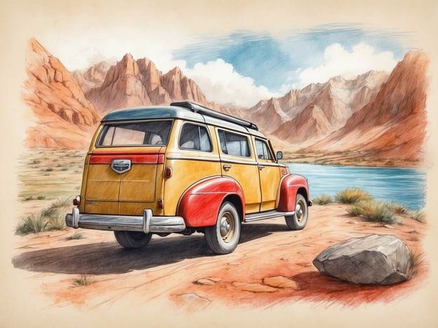 Auf dem Bild ist ein nostalgisches Auto zu sehen, das an einem malerischen Ort in der Natur parkt. Diese Szenerie lädt zu verschiedenen Freizeitangeboten und Aktivitäten ein:1. **Picknick** – Der malerische Hintergrund und das ruhige Umfeld eignen sich hervorragend für ein entspanntes Picknick am Ufer des Gewässers.2. **Wanderungen** – Die umliegenden Berge und die Landschaft bieten zahlreiche Möglichkeiten zum Wandern und Erkunden der Natur.3. **Fotografie** – Die eindrucksvolle Kulisse ist ideal für fotografische Abenteuer, um die natürliche Schönheit festzuhalten.4. **Angeln** – Der Fluß oder See könnte auch ein guter Platz sein, um zu angeln und die Ruhe der Natur zu genießen.5. **Camping** – In der Nähe könnte man ein Zelt aufschlagen und die Natur hautnah erleben.Diese Aktivitäten bieten eine Möglichkeit, die Freizeit in der Natur zu genießen und zu entspannen.