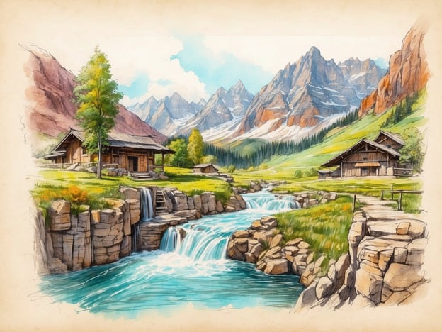 Auf dem Bild sehen wir eine malerische Landschaft, die an das Leben auf den Halligen erinnert. Im Vordergrund fliesst ein klarer, türkisfarbener Bach, der von kleinen Wasserfällen begleitet wird. Umgeben ist das Wasser von grünen Wiesen und steinigen Ufern.An den Seiten des Baches stehen mehrere rustikale Holzhäuser, die harmonisch in die natürliche Umgebung eingefügt sind. Im Hintergrund erheben sich majestätische Berge mit schneebedeckten Gipfeln und dichtem Wald. Diese Szenerie vermittelt eine friedliche und idyllische Atmosphäre, die typisch für ländliche Gebiete ist, wo die Natur im Mittelpunkt steht.
