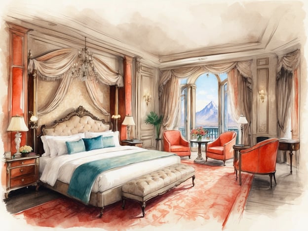 Auf dem Bild ist ein elegantes Hotelzimmer zu sehen, das Stil und Komfort vereint. Die Ausstattung umfasst ein bequemes, großes Bett mit einer geschmackvollen Bettwäsche in beruhigenden Farben. Die Wände sind mit opulenten Draperien geschmückt, und es gibt stilvolle Möbel, darunter ein paar orangefarbene Sessel und einen kleinen Tisch. Große Fenster bieten einen herrlichen Blick auf die Berge, was eine entspannende Atmosphäre schafft.Die Annehmlichkeiten der Millennium Hotels würden in einem solch luxuriösen Umfeld eine breite Palette an Dienstleistungen bieten, darunter Zimmerservice, ein Spa-Bereich und möglicherweise exquisite Essensmöglichkeiten, um den Aufenthalt der Gäste so angenehm wie möglich zu gestalten.