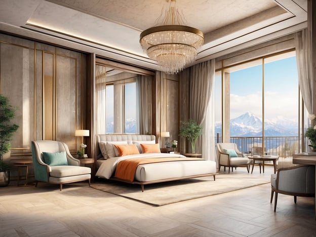 Auf dem Bild ist ein elegantes und modernes Schlafzimmer in einer luxuriösen Unterkunft zu sehen. Es hat große Fenster, die einen Blick auf eine bergige Landschaft ermöglichen. Die Einrichtung umfasst ein großes Bett mit stilvollen Kissen, gemütliche Sessel und einen Tisch. Die Wände sind geschmackvoll mit Holz und neutralen Farben gestaltet, ergänzt durch einen beeindruckenden Kronleuchter.**Überblick über das Millennium Executive Apartments Mont Rose:**Die Millennium Executive Apartments Mont Rose bieten eine luxuriöse Unterkunft mit modernen Annehmlichkeiten. Die Apartments sind geräumig und elegant gestaltet, ideal für Familien und Geschäftsreisende. Zu den Einrichtungen gehören ein Fitnessbereich, ein Pool, und oft auch gastronomische Angebote. Die Lage ermöglicht einen atemberaubenden Blick auf die umliegenden Berge und eine bequeme Erreichbarkeit von Sehenswürdigkeiten sowie Geschäftszentren.
