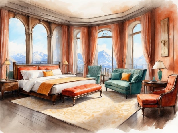 Auf dem Bild ist ein elegantes Schlafzimmer zu sehen. Es sind große Fenster mit Blick auf Berge im Hintergrund vorhanden, die viel Tageslicht hereinlassen. Das Zimmer ist mit einem großen Bett ausgestattet, das mit weißen und orangefarbenen Kissen dekoriert ist. Neben dem Bett befinden sich Holz-Nachttische mit Lampen.Im Schlafzimmer steht auch ein gepolsterter Hocker sowie eine gemütliche Sitzecke mit einem grünen Sofa, auf dem orangefarbene Kissen liegen. Dazu gibt es weitere Sitzmöglichkeiten in Form von stilvollen Sesseln. Der Boden ist mit einem dekorativen Teppich bedeckt, und die Wände sind mit tiefen, warmen Farben gestaltet, die eine gemütliche Atmosphäre schaffen. Insgesamt bietet dieses Zimmer eine luxuriöse und einladende Unterbringungsmöglichkeit.