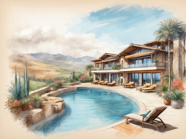 Auf dem Bild ist eine künstlerische Darstellung eines luxuriösen Pools mit umliegenden Terrassen und modernen Apartments zu sehen, die von Palmen und Blumen umgeben sind. Der Hintergrund zeigt eine hügelige Landschaft mit Bergen.### Überblick über die Millennium Executive Apartments MuscatDie Millennium Executive Apartments in Maskat bieten eine Kombination aus Komfort und Eleganz. Es handelt sich um moderne, voll ausgestattete Apartments, ideal für Geschäftsreisende und Urlauber. Die Unterkunft bietet Annehmlichkeiten wie einen Außenpool, ein Fitnesscenter und Restaurants. Zudem ist die Lage günstig für den Zugang zu lokalen Sehenswürdigkeiten und Geschäftsvierteln. Die Apartments sind geräumig und bieten eine gemütliche Atmosphäre, perfekt zum Entspannen nach einem langen Tag.
