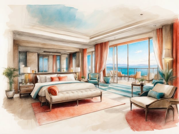 Auf dem Bild ist ein stilvolles Schlafzimmer mit einem atemberaubenden Blick auf das Wasser zu sehen. Der Raum ist modern und elegant eingerichtet, lässt sich gut dem zeitgenössischen Einrichtungsstil zuordnen.Im Vordergrund befindet sich ein großes Bett mit einer sanften Bettdecke und dekorativen Kissen. Es gibt einen gepolsterten Hocker am Fußende des Bettes, der ebenfalls in neutralen Tönen gehalten ist.Die Fenster sind groß und bringen viel Licht in den Raum, während die Vorhänge in warmen Farben gehalten sind, die gut mit dem Farbschema des Zimmers harmonieren.Zusätzlich sind in den Ecken einige Pflanzen platziert, die dem Raum Frische verleihen. Auf einer Seite des Zimmers befindet sich eine gemütliche Sitzgruppe mit bequemen Stühlen und einem kleinen Tisch, ideal zum Entspannen und Genießen der Aussicht.Der gesamte Raum strahlt eine entspannende und einladende Atmosphäre aus.