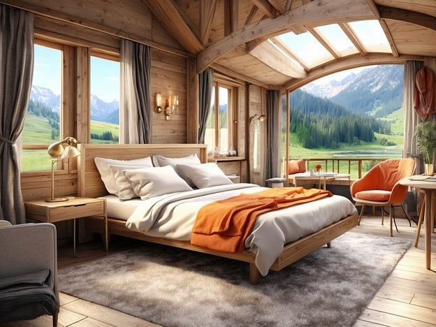 Auf dem Bild ist ein gemütliches Schlafzimmer in einer modernen, rustikalen Unterkunft zu sehen. Die Wände und Möbel sind aus Holz, was eine warme Atmosphäre schafft. Das große Bett ist mit vielen Kissen und einer Decke in orangener Farbe dekoriert.Die Fenster bieten einen herrlichen Blick auf eine malerische Landschaft mit Bergen und Wäldern. Neben dem Bett steht ein Nachttisch mit einer Lampe. In der Ecke des Zimmers gibt es einen bequemen Sessel und einen kleinen Tisch. Diese Art von Unterkunft könnte als romantisches Wochenende oder für einen Wellnessurlaub in der Natur gebucht werden.