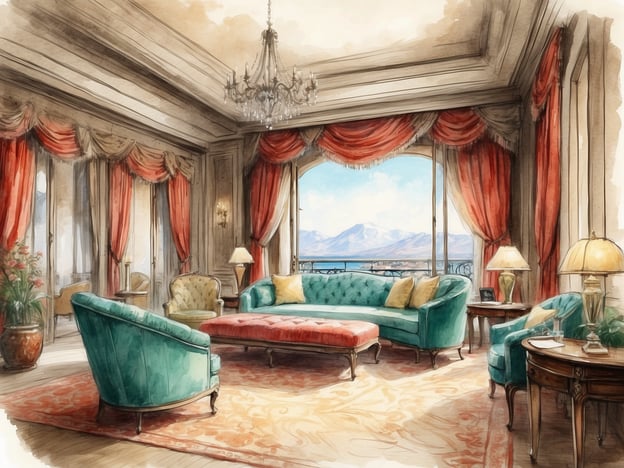 Auf dem Bild ist ein elegantes Wohnzimmer zu sehen, das in einem klassischen Stil gestaltet ist. Der Raum ist reich dekoriert mit roten Vorhängen und einem prachtvollen Kronleuchter. Es gibt mehrere Sitzgelegenheiten in sanften Grüntönen, darunter ein großes Sofa und andere gemütliche Stühle. Vor dem Fenster bietet sich ein Blick auf eine malerische Landschaft mit Bergen und Wasser.Das Millennium Gloucester Hotel bietet zahlreiche luxuriöse Unterkünfte und Annehmlichkeiten. Es liegt im Herzen von Kensington, London, und ist bekannt für seine elegante Architektur und stilvolle Innenausstattung. Die modernen Einrichtungen und der erstklassige Service machen es zu einem beliebten Ziel für Geschäftsreisende und Touristen.